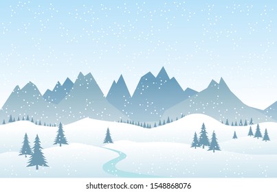 Winter Mountains landscape snow and blue sky with pines and hills.Vector illustration