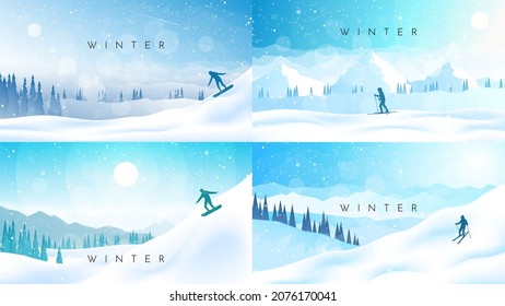 Winter mountains landscape. Snowboarding, skiing. Adventure, hiking, tourism. Travel concept of extreme, active winter sport. Minimalistic polygonal flat design graphic poster. Vector illustration set