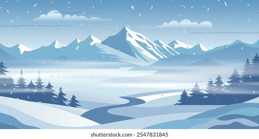 Winter mountains landscape,  snowdrifts and snowfall, vector illustration