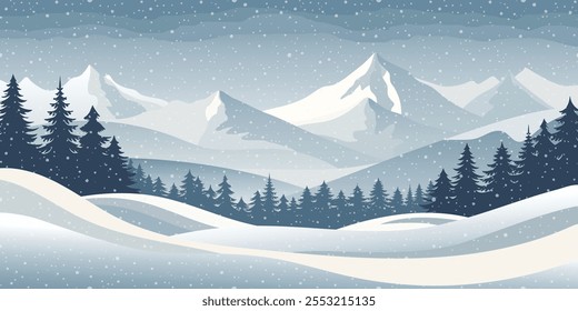 Winter mountains landscape,  snowdrifts and snowfall, vector illustration