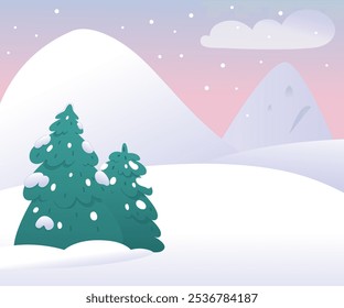 Winter mountains landscape in snowy weather. Nature scene with snowy hills, clouds and falling snow. Cartoon vector background for ski resort, park, hotel, touristic agency.