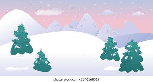 Montanhas de inverno paisagem em tempo de neve. Cena da natureza com colinas nevadas, nuvens e neve caindo. Cartoon fundo vetor para estância de esqui, parque, hotel, agência turística.