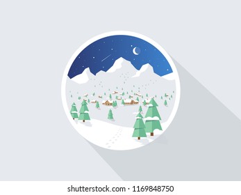 Winter mountains landscape with two houses, pines, mountains and snowflakes. Vector flat illustration. 