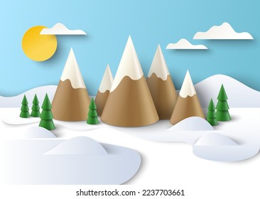 Winter mountains landscape vector 3d art design. Snowy valley with mount peak and forest tree wallpaper background. New year and Christmas concept