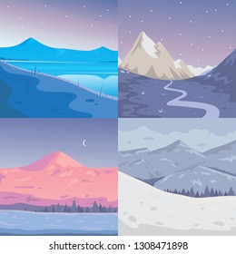 Winter Mountains landscape vector set. Cartoon outdoors vector Illustration. Snow mountain.