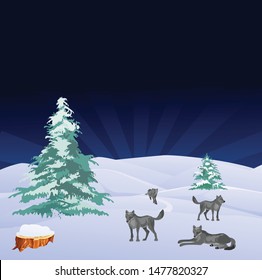 Winter mountains natural  scene, wolves pack in the forest, vector