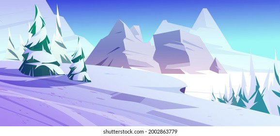 Winter Mountains, Northern Nature Rocky Landscape With Conifers Trees And Rocks Covered With Snow. Resort, Wild Park Or Garden With Icy Pines Under Blue Sky, Cartoon Background, Vector Illustration