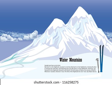 Winter mountains on sky background. Snowy landscape.