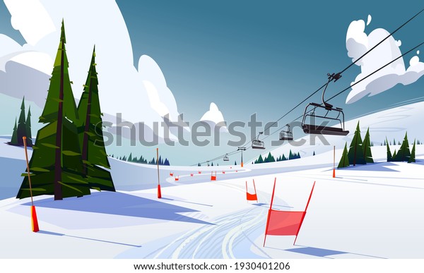 Winter mountains panorama with ski slopes and ski\
lifts on a sunny day