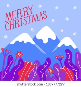 Montañas de invierno y plantas ilustraciones vectoriales de estilo plano con letras a mano. Colores bruscos de vacaciones de invierno tarjeta de saludo o diseño de banner.