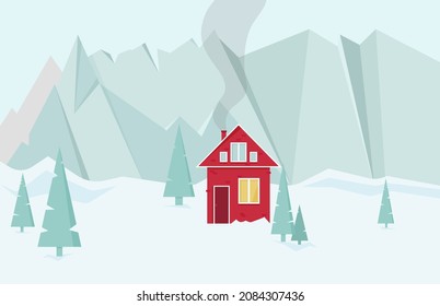 Montañas de invierno y casa roja. Estilo plano