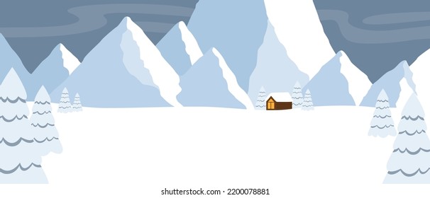 Winter mountains scenery landscape, nature background with rocks and frozen trees. Cartoon vector illustration