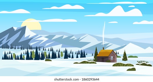 Winter Mountains Snow Landscape Panorama, Pines Ate, Hills Lonely Building, Field. Vector Illustration Card, Poster, Banner Template