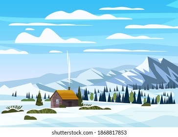 Winter Mountains Snow Landscape Panorama, Pines Ate, Hills Lonely Building, Field. Vector Illustration Card, Poster, Banner Template