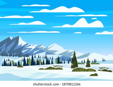 Winter mountains snow landscape panorama, pines ate, hills lonely building, field. Vector illustration card, poster, banner template