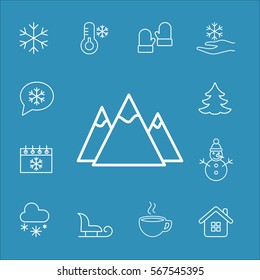 winter mountains snow vector line icons set