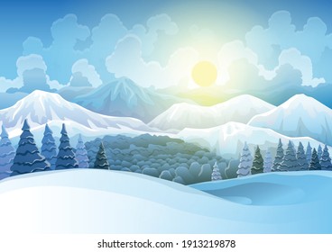 Winter Mountains Snowy Landscape With Pines Forest And Hills On Background. Vector Drawing Of Snow-covered Field On Which Morning Sunrise. Horizontal Nature Scene