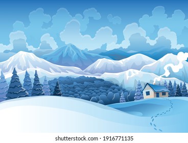 Winter mountains snowy landscape and pines forest   hills background  Vector drawing snow  covered field which stands the house   traces walking to it  Horizontal nature scene