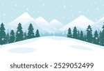 Winter mountains in snowy weather. Winter landscape of a forest against a background of mountains and snow. Winter nature vector illustration for Christmas design. Hike concept.