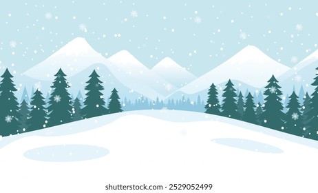 Winter mountains in snowy weather. Winter landscape of a forest against a background of mountains and snow. Winter nature vector illustration for Christmas design. Hike concept.