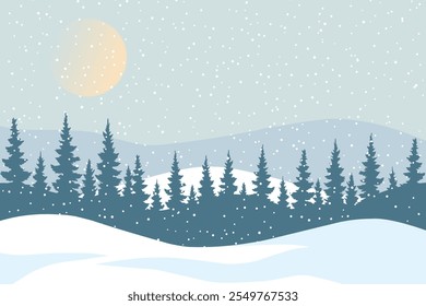 Winter mountains in snowy weather. Winter landscape of a forest against a background of mountains and snow. Winter nature vector illustration for Christmas design. Hike concept.