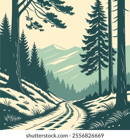 Winter mountains in snowy weather. Winter landscape of a forest against a background of mountains and snow. Winter nature vector illustration for Christmas design.