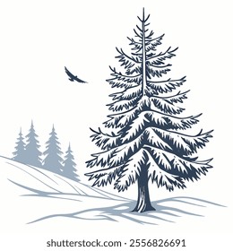 Winter mountains in snowy weather. Winter landscape of a forest against a background of mountains and snow. Winter nature vector illustration for Christmas design.