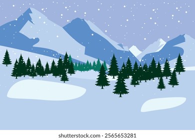 Winter mountains in snowy weather. Winter landscape of a forest against a background of mountains and snow. Winter nature vector illustration for Christmas design. Hike concept.