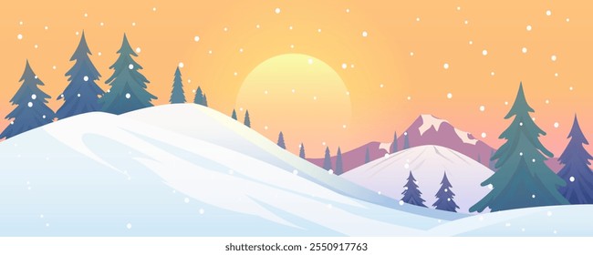 Winter mountains in snowy weather at sunset. Winter landscape of a forest against a background of mountains and snow. Winter nature vector illustration for Christmas design. 