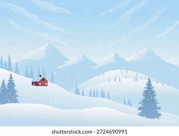 Montañas invernales, nieve blanca cayendo en las cimas de las montañas, una hermosa vista y casas que dan la bienvenida al frío Clima. Usando tonos blancos pálidos, Ilustración vectorial para el diseño de fondo.