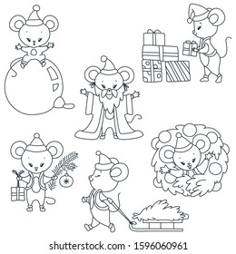 Winter mouse set. Back and white doodle illustration of cute little mouse in Santa Claus costume enoying winter holidays. Hand drawn objects isolated on white background. Vector 8 EPS.