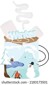 Winter In A Mug. All Your Winter Essential In A Mug. Use This Vector For Celebrating Holiday Spirit