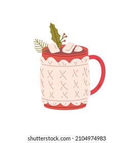 Winter mug with hot chocolate drink. Christmas cup in knitted cosy holder. Cocoa with marshmallows, leaf and berry. Warming beverage, cacao. Flat vector illustration isolated on white background