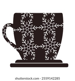 Winter mug silhouette, snowflake pattern, black and white contrast, geometric design, festive coffee cup, holiday motif, intricate snowflakes, symmetrical arrangement, seasonal illustration.