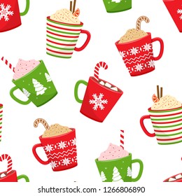 Winter mugs print, seamless pattern with cups hot drinks. Vector illustration