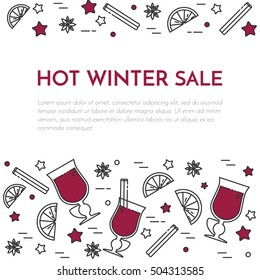 Winter mulled wine banner with hot red wine and spices isolated on white background. Line vector illusatrtion of winter and autumn alcohol drink.