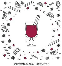 Winter mulled wine banner with hot red wine and spices isolated on white background. Line vector illusatrtion of winter and autumn alcohol drink.