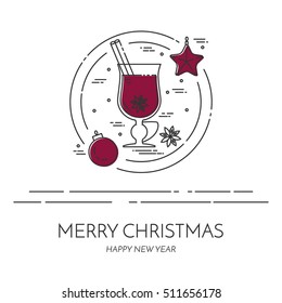 Winter mulled wine banner with hot red wine and spices and Christmas decorations isolated on white background. Line vector illusatrtion of winter and autumn alcohol drink.