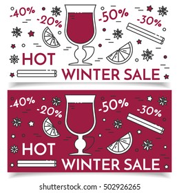 Winter mulled wine banners set with hot red wine and spices isolated on white background. Line vector illusatrtion of winter and autumn alcohol drink.