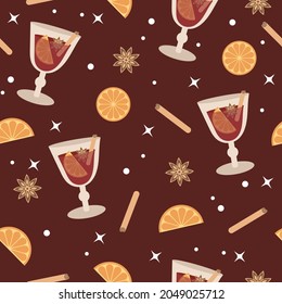 Winter mulled wine seamless pattern with hot red wine and spices on burgundy background. Flat vector illusatrtion of winter and autumn drink