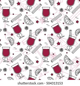 Winter mulled wine seamless pattern with hot red wine and spices isolated on white background. Line vector illusatrtion of winter and autumn alcohol drink.