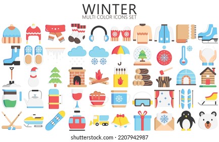 Winter multi color icons set. Jackets, sweater, hot drink, winter sport, snow, Christmas, gloves and more. use for modern UI or UX kit, digital banner and app. vector EPS 10 ready convert to SVG.