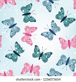 Winter multicolor butterflies seamless vector pattern blue background with snow. Winter wallpaper
