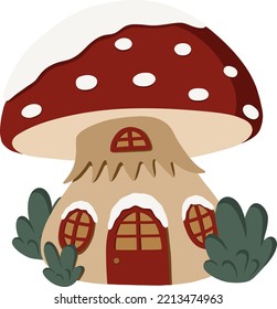 La seta de invierno vuela agaric con ventanas y una puerta cubierta de nieve