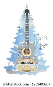 Winter music. Abstract guitar decorated with snowflakes and notes. Christmas tree. Vector illustration.