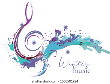Winter music. Abstract treble clef decorated with snowflakes and notes. Vector illustration.