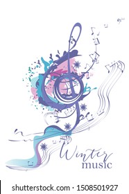 Winter music. Abstract treble clef decorated with snowflakes and notes. Vector illustration.
