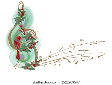 Winter Music. Abstract Treble Clef Decorated With Snowflakes And Notes, Holly And Birds. Vector Illustration.