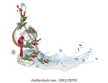 Winter music. Abstract treble clef decorated with snowflakes and notes, holly and birds. Vector illustration.