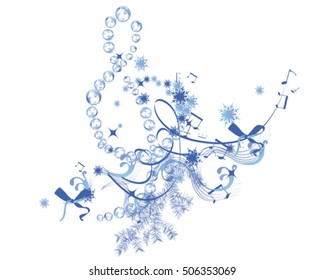 Winter music. Abstract treble clef decorated with snowflakes and notes.